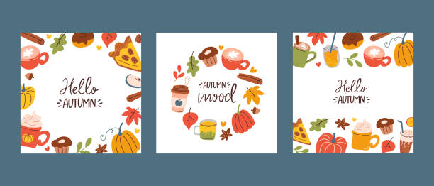 Greeting cards for Christmas and New Year, hello winter lettering, cozy compositions with coffee, chocolate and desserts, set of templates with holiday mood Greeting cards for Christmas and New Year, hello winter lettering, cozy compositions with coffee, chocolate and desserts, set of templates with holiday mood, vector arrangements with candy cane and spices, poster design collection christmas menu template clip art stock illustrations