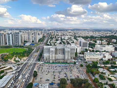 Aerial City View of Petah Tikva City, Zebotinsky road.