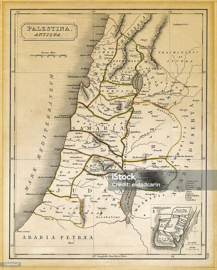 Antiga Palestina mapa impresso 1845 - Foto de stock de Mapa royalty-free