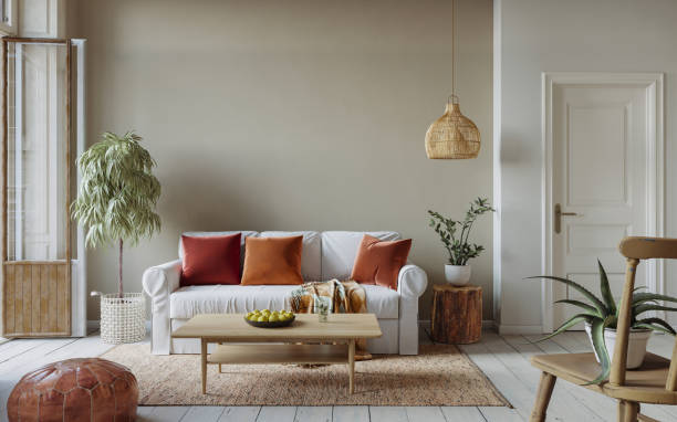istock Cozy home interior in light pastel colors with hardwood flooring. Wall mockup, 3d renderin 1768207400