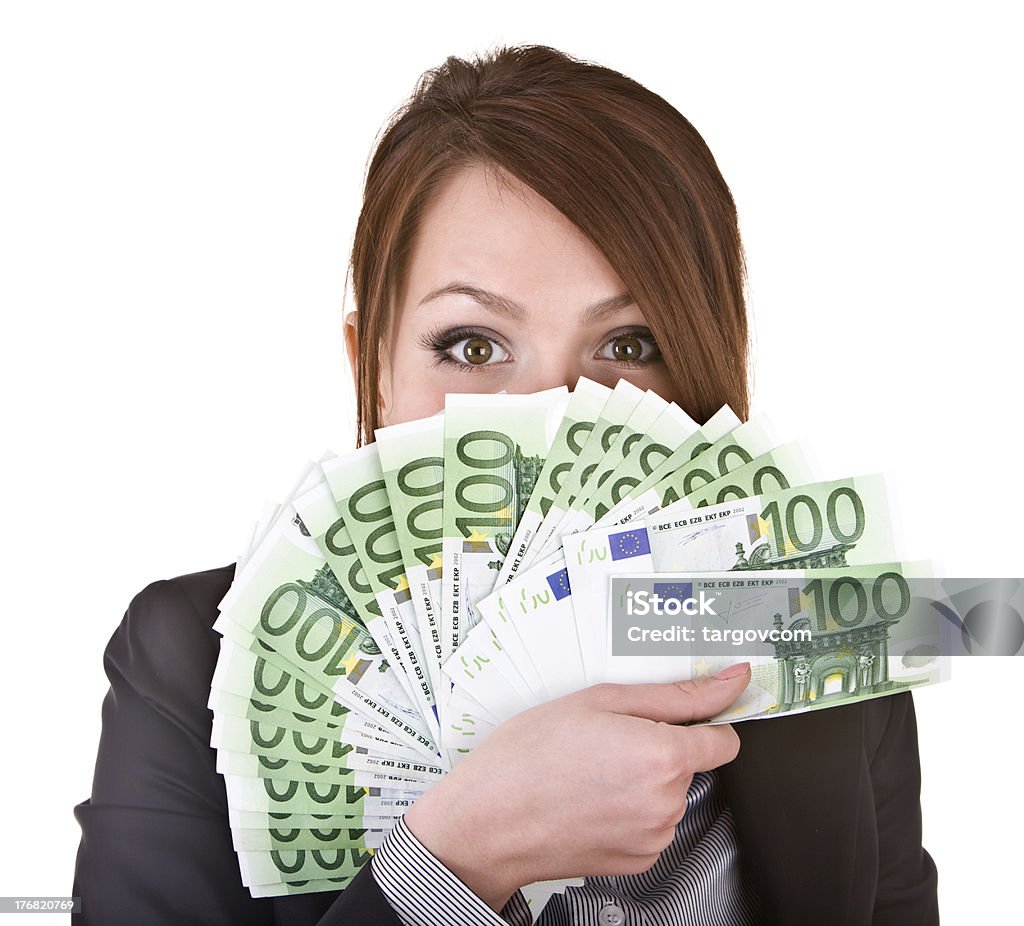 Girl in business suit with group of money. Girl in business suit with group of money euro. Isolated. Adult Stock Photo