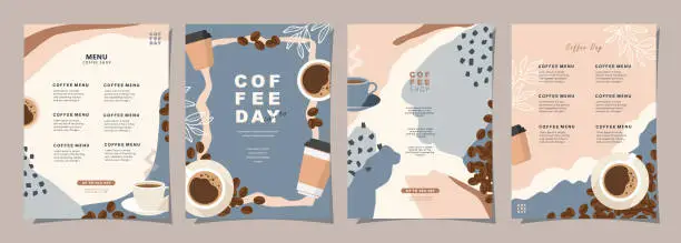 Vector illustration of Set of sketch banners with coffee beans and leaves on colorful background for poster, cover, menu or another template design. vector illustration.