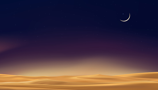 Sky Night with Desert sand with Crescent moon,Strarry with twilight dusk Sk,Ramadan Background,Vector Sunset landscape with mountain, Banner for Eid Mubarak,Eid al adha,Eid al fitr,Islamic Muharram
