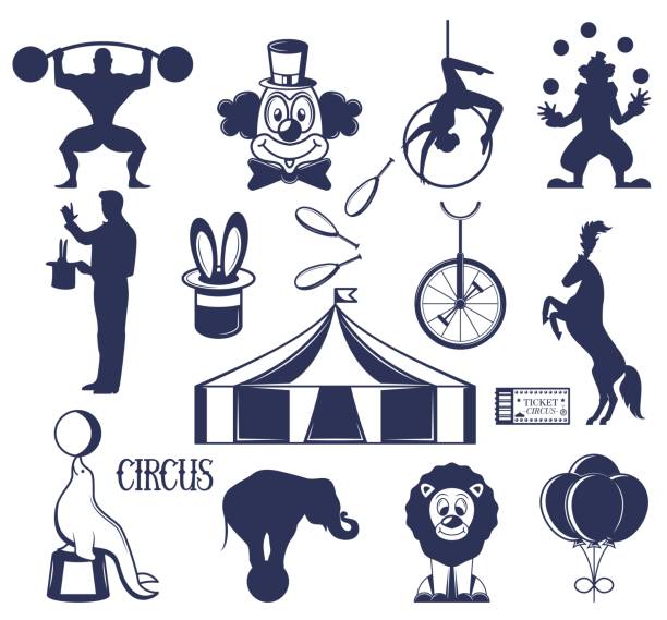 illustrations, cliparts, dessins animés et icônes de élément de design de cirque noir et blanc silhouette ensemble isolé - strongman