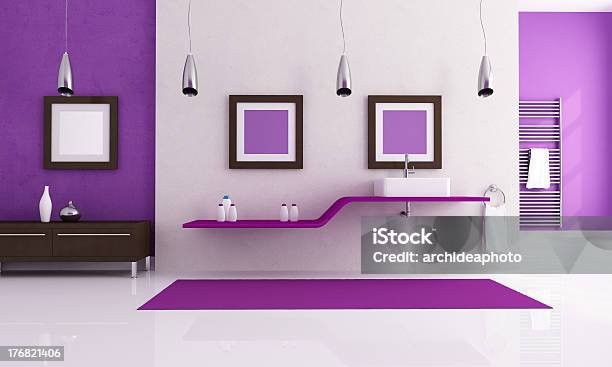 White And Purple Contemporary Bathroom Stock Photo - Download Image Now - Apartment, Bathroom, Carpet - Decor