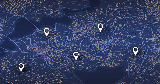 nhiều điểm đến. bản đồ theo dõi gps. theo dõi các chốt điều hướng trên bản đồ đường phố, điều hướng công nghệ bản đồ và xác định vị trí ghim. bản đồ gps du lịch tương lai hoặc minh họa - nơi vắng vẻ chức vụ bức ảnh hình minh họa sẵn có