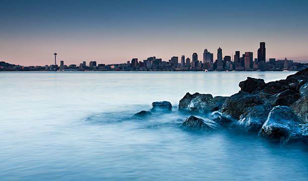 city skyline from a rocky beach "A dreamy look of a city skyline from a beach. The foreground covered with pebbles, rocks and an old tree log. Waves and water ripples provide a creamy and steamy effect with the sky scappers in the background marking the city skyline." elliott bay photos stock pictures, royalty-free photos & images
