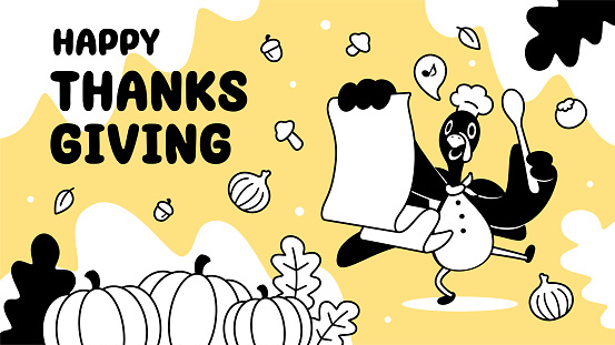 Thanksgiving characters vector art illustration.
A cute turkey chef holds a spoon and menu or recipe and prepares many ingredients for a Thanksgiving meal.
Characters are painted in black and white with outlines, and the background is a comfortable and soft light yellow color.