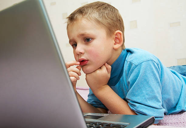 Schoolboy with  laptop stock photo