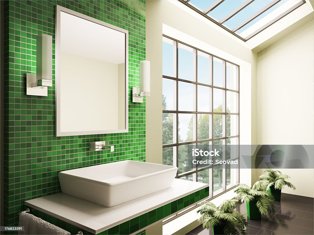 Contemporary bathroom interior with green tiles and window Bathroom with big window interior 3d render Bathroom Stock Photo