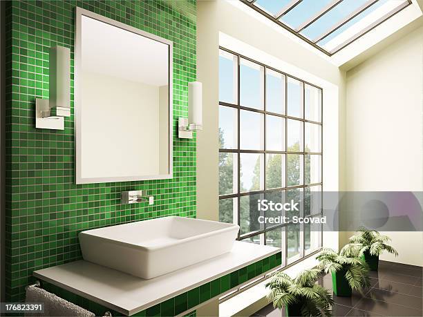 Contemporary Bathroom Interior With Green Tiles And Window Stock Photo - Download Image Now