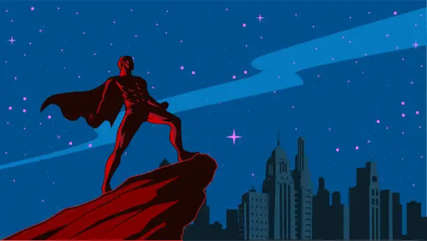 Vector illustration of Vector Vintage Superhero Silhouette in Strong Pose in a City Stock Illustration