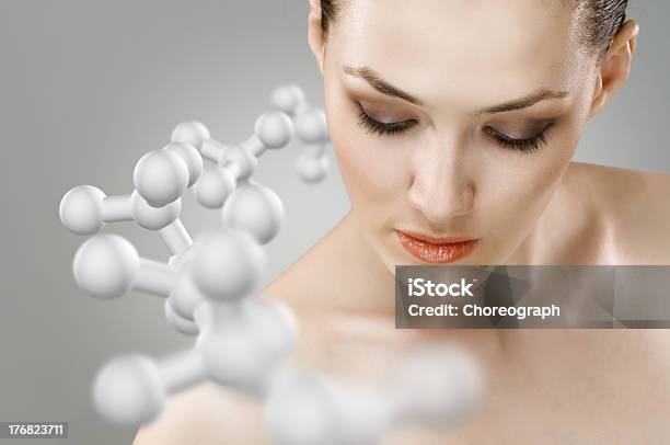 Portrait Of A Woman With Molecules Around Her Stock Photo - Download Image Now - Molecular Structure, One Woman Only, Women