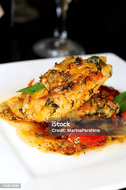 Braised Filletted Fish With Vegetables Stock Photo - Download Image Now - Braised, Cod, Dill