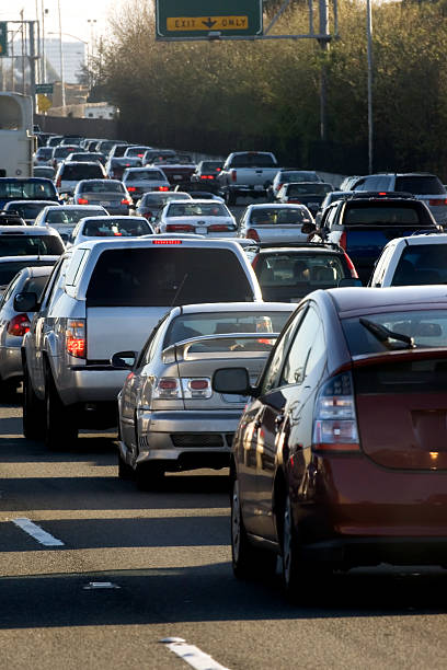 Heavy vehicle traffic on freeway stock photo