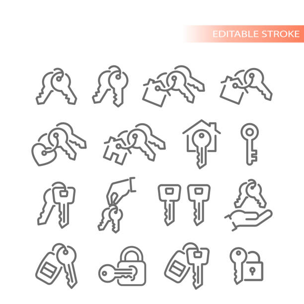 ilustraciones, imágenes clip art, dibujos animados e iconos de stock de iconos vectoriales de casa, llavero de coche y cadena - llaves-de-coche