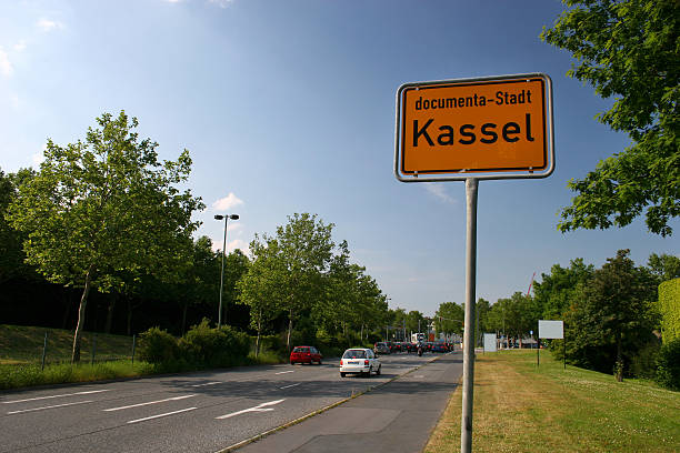 kassel - main street road sign street name sign clear sky stock-fotos und bilder