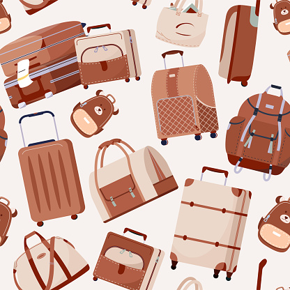 Travel baggage, luggage vector seamless pattern for tourism in stylish beige color. Voyage bags collection. Cartoon travel background for wallpaper, packaging, wrapping and background