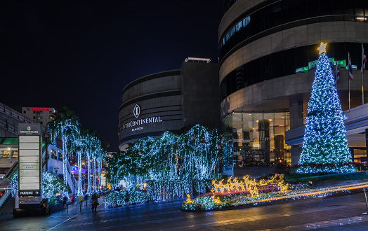 BANGKOK, THAILAND - JANUARY 1, 2015 : Night illumination of Christmas and New Year celebration 2015 at Intercontinental hotel, Ratchaprasong intersection in Bangkok, Thailand