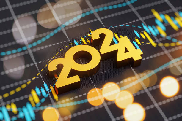 concept d’investissement et de financement - 2024 assis sur fond de graphique financier. - voeux 2024 photos et images de collection