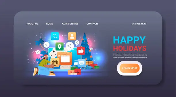 Vector illustration of woman tourist in santa claus hat use social media integration to share book travel app for sharing real time location travelling happy new year