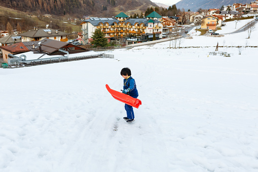 child girl with short dark hair in blue winter clothes going up the snowy hill bringing the red sled in the arms