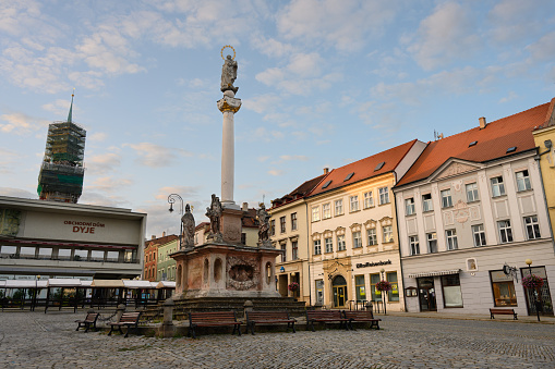 Znojmo, Moravia, Czech Republic - September 30 2023: Plague Column or Morovy Sloup on Masaryk Square in the Evening