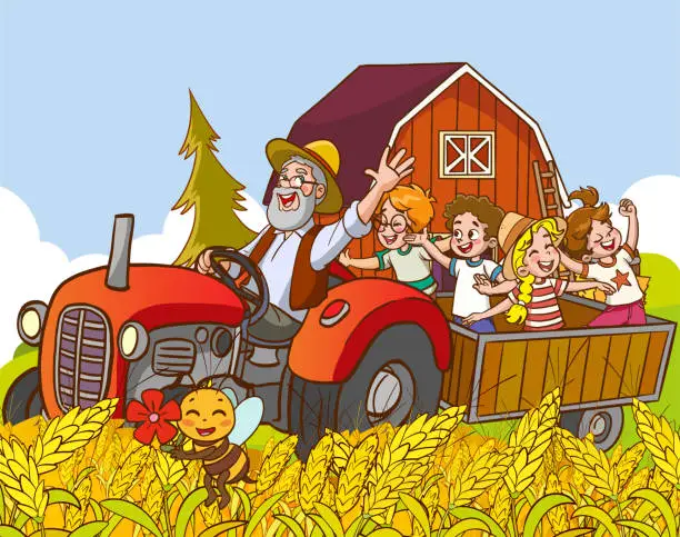 Vector illustration of Cartoon illustration of happy family having fun on farm with tractor.