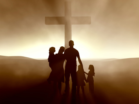 Silhouettes of a family at the Cross of Jesus Christ. High-resolution 3D.