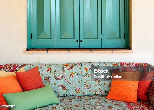 Sofa In The Porch Of A Greek Island House Stock Photo - Download Image Now - Architecture, Arrangement, Art And Craft