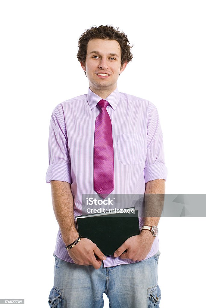 Счастливый Студент в рубашку и галстук Вмещает ноутбук, изолированные - Стоковые фото Мужчины роялти-фри