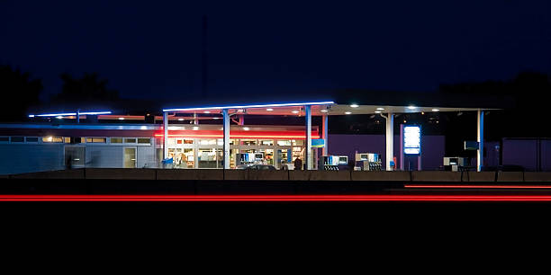 Low light service station caught highlighting blue/red hues