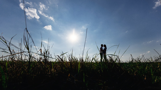silhouettes of a couple in love in each other's arms. guy and girl on green meadow on sky background. profile.