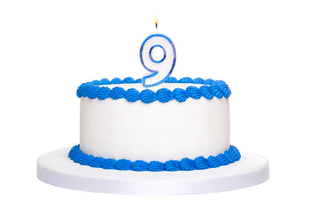 istock Blue and white birthday cake with a number nine candle 176828879