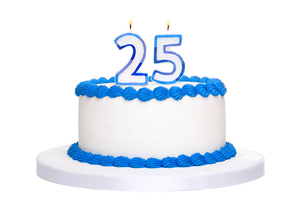 istock A white and blue iced 25th birthday cake with lit candles 176829182
