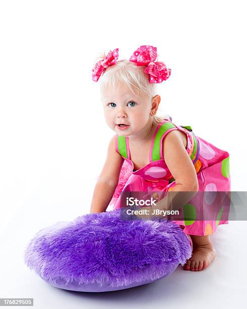 Caucasian Toddler Girl Playing With A Pillow Stock Photo - Download Image Now - 12-17 Months, Alertness, Babies Only