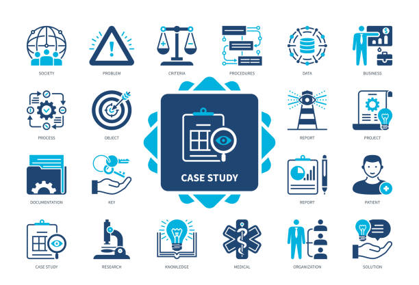 Case Study solid icon set Case Study icon set. Object, Research, Criteria, Documentation, Process, Procedures, Knowledge, Problem. Duotone color solid icons graphic design case study stock illustrations