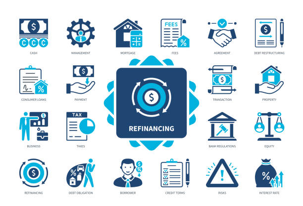 Refinancing solid icon set Refinancing icon set. Credit Terms, Mortgage, Debt Obligation, Consumer Loans, Interest Rate, Property, Conditions, Agreement. Duotone color solid icons business loan icon stock illustrations