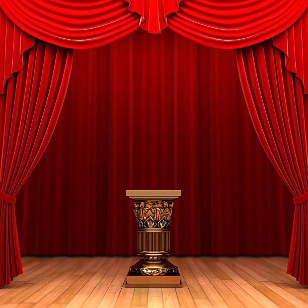 istock red velvet curtains and Pedestal 176830052