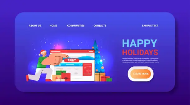 Vector illustration of man in santa claus hat printing tickets via computer app online booking searching for flight service concept horizontal copy space