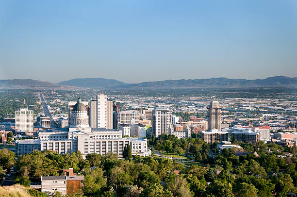Salt Lake City Skyline with the Capitol and Mormon Temple Skyline of Salt Lake City Utah with the Utah State Capitol Building and the historic Mormon TempleImages available of the Salt Lake City Skyline mormonism photos stock pictures, royalty-free photos & images