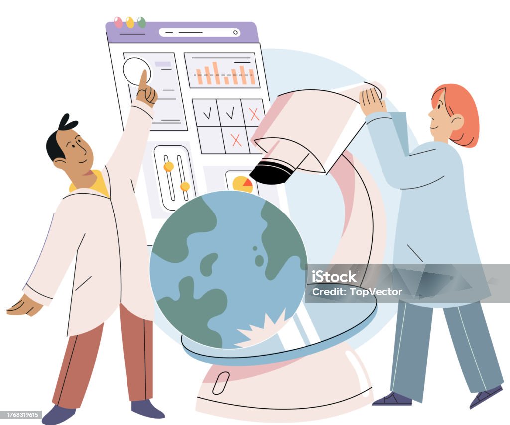 Scientist conducts research to study planet, makes experiments to determine environmental problems Scientist conducts research to study planet Earth, makes experiments to determine level of climate change, state and degree of pollution of air, using lab microscope to identify environmental problems Adult stock vector Scientist conducts research to study planet, makes experiments to determine environmental problems Scientist conducts research to study planet Earth, makes experiments to determine level of climate change, state and degree of pollution of air, using lab microscope to identify environmental problems Adult stock vector