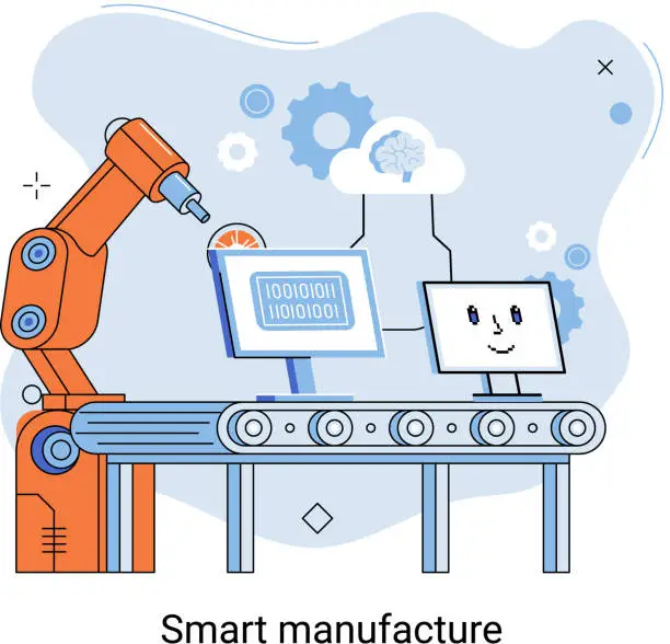 Vector illustration of Smart manufacture metaphor with automated production line. Innovative contemporary smart industry