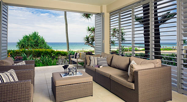 beautiful waterfront suite with ocean views stock photo