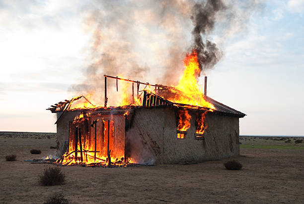 Fire in an abandoned house stock photo