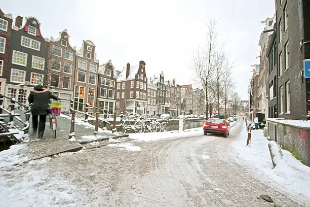 Snowy Amsterdam innercity in the Netherlands