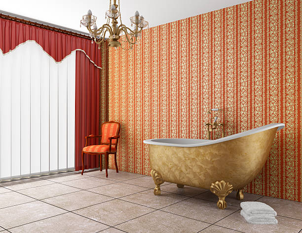 classic bathroom with old bathtub and red striped wall
