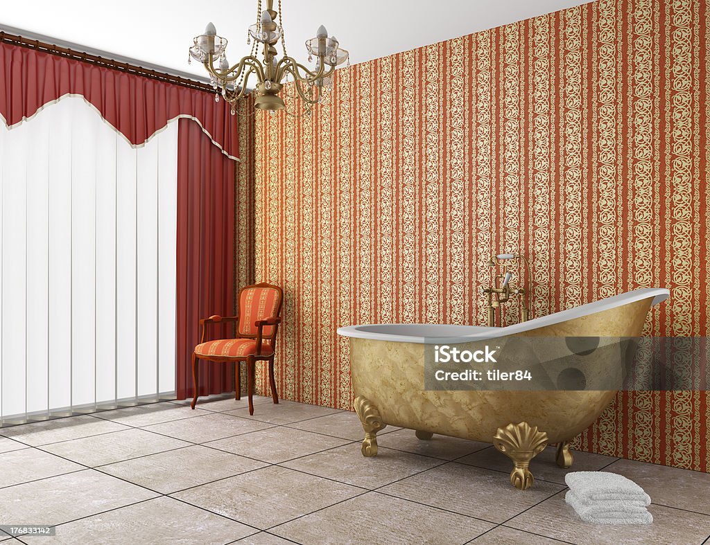 classic bathroom with old bathtub and red striped wall Bathroom Stock Photo classic bathroom with old bathtub and red striped wall Bathroom Stock Photo