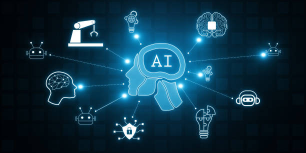 istock Creative glowing ai hologram with digital human head on wide blurry backdrop . Automated machine learning, artificial intelligence and conversation assistant concept. 3D Rendering. 1768338408