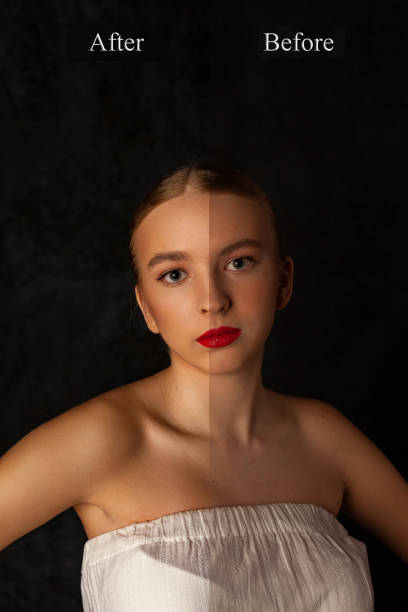 istock Before after retouching processing in editor, comparison photo teen girl model before and after retouch, cleaning skin. Portrait of teenager posing at shadow. Edited photo compared. Copy ad text space 1768339560